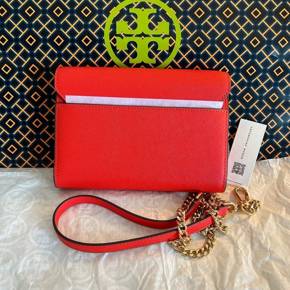 Tory Burch Emerson Chain Wallet Crossbody Bag Bright Samba Gold Red - Picture 12 of 14
